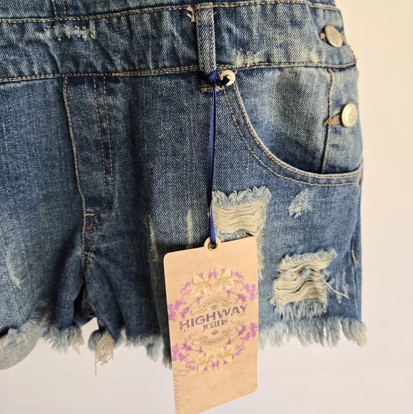 NWT Highway Jeans Distressed Denim Shot Overalls Size L Blue - Picture 3 of 7